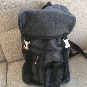 NWOT Unique Grey Wool Backpack. Black straps